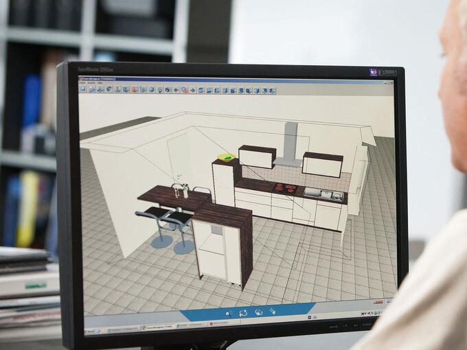 Planungsdarstellung einer Küche in 3D am Computer durch #Branche1#